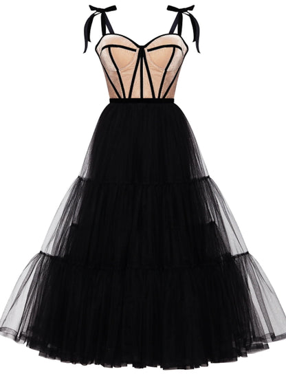 wholesa A-Line Cocktail Dresses Party Dress Cocktail Party Tea Length Sleeveless Sweetheart Wednesday Addams Family Tulle with Pleats Tiered