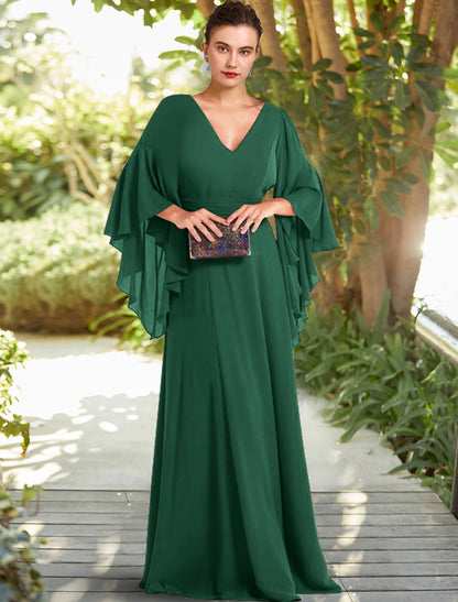 Wholesa  A-Line Mother of the Bride Dress Formal Wedding Guest Elegant V Neck Floor Length Chiffon 3/4 Length Sleeve with Ruched