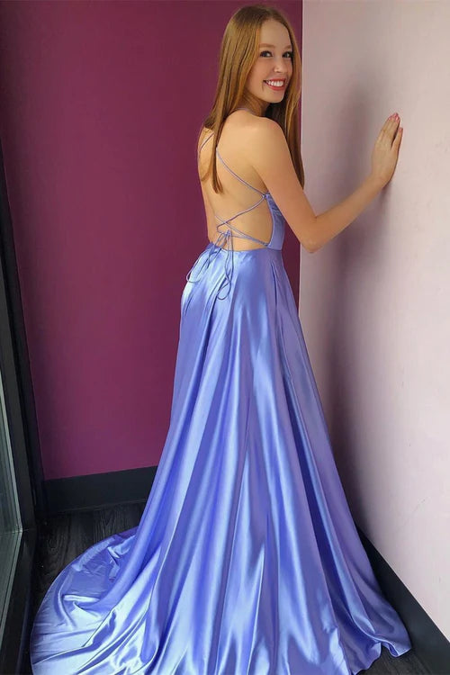 Wholesale Elegant Simple High Slit Lavender Long Prom Dress with Pockets