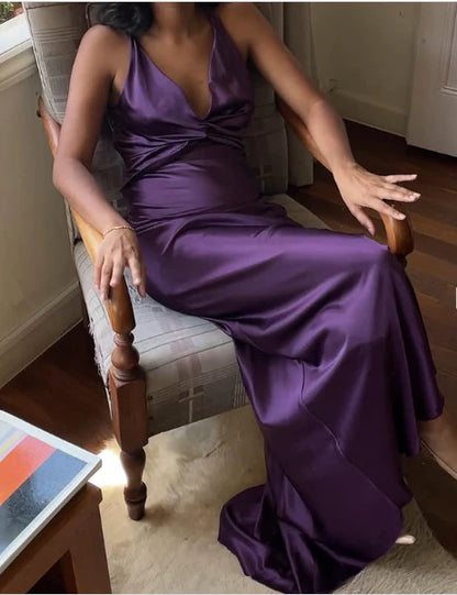 Aimishang Charming V-neck Sleeveless Satin Long Formal Prom Dress Elegant Purple Evening Party Dress