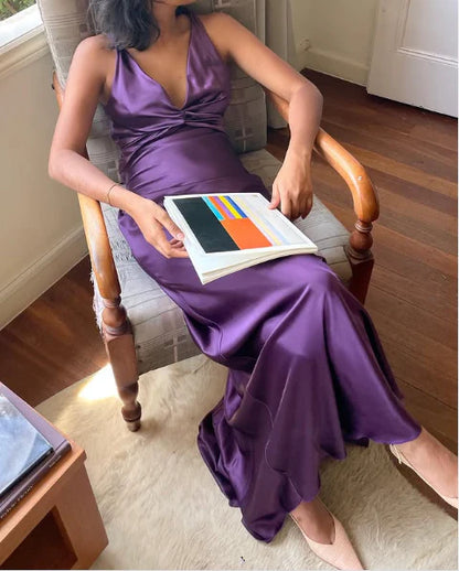 Aimishang Charming V-neck Sleeveless Satin Long Formal Prom Dress Elegant Purple Evening Party Dress