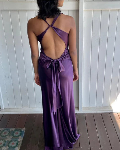 Aimishang Charming V-neck Sleeveless Satin Long Formal Prom Dress Elegant Purple Evening Party Dress
