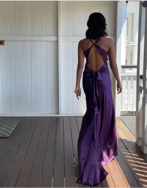 Aimishang Charming V-neck Sleeveless Satin Long Formal Prom Dress Elegant Purple Evening Party Dress
