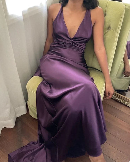 Aimishang Charming V-neck Sleeveless Satin Long Formal Prom Dress Elegant Purple Evening Party Dress