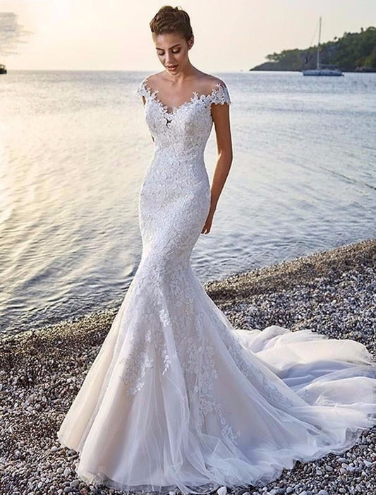 Wholesale Beach Formal Wedding Dresses Mermaid / Trumpet Scoop Neck Off Shoulder Cap Sleeve Court Train Lace Bridal Gowns With Appliques Summer Wedding Party