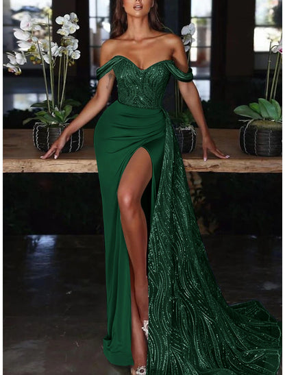 Wholesa Mermaid Dress Evening Gown Red Green Dress Dress Formal Wedding Guest Court Train Sleeveless Off Shoulder Charmeuse with Ruched Sequin Slit