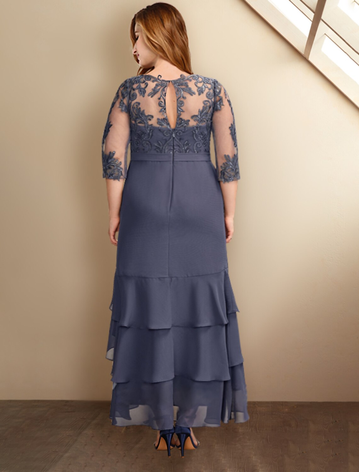 wholesale  A-Line Mother of the Bride Dresses Plus Size Hide Belly Curve Elegant Dress Formal Ankle Length Half Sleeve V Neck Chiffon with Ruffles Appliques