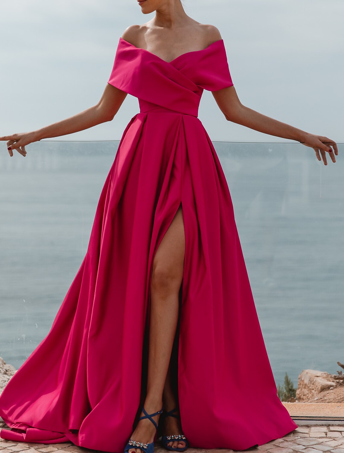 Wholesa A-Line Evening Gown Party Dress Celebrity Style Dress Formal Wedding Court Train Sleeveless Off Shoulder Bridesmaid Dress Satin with Ruched Slit