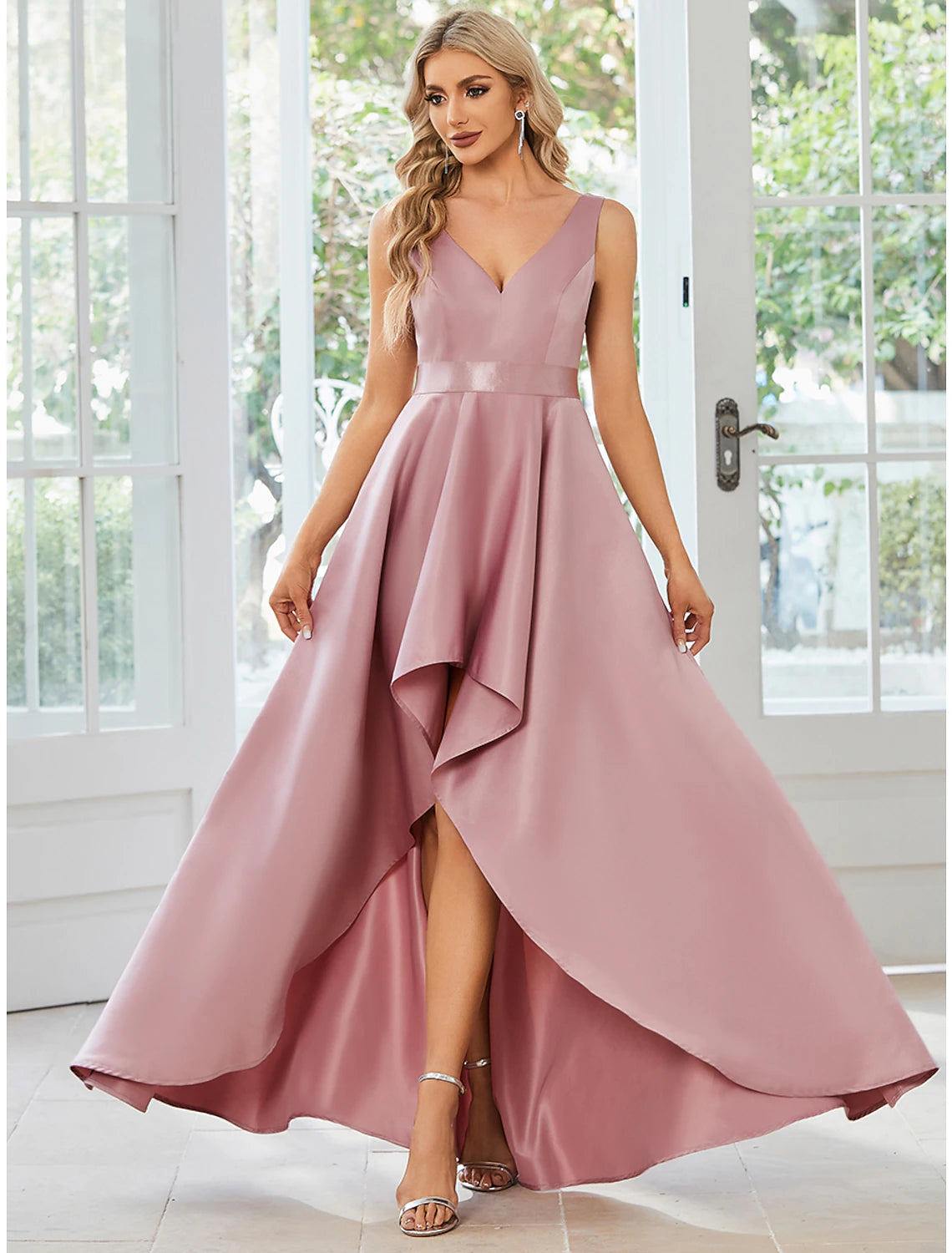 wholesale  A-Line Wedding Guest Dresses Casual Dress Party Wear Asymmetrical Sleeveless V Neck Satin with Ruffles Pure Color