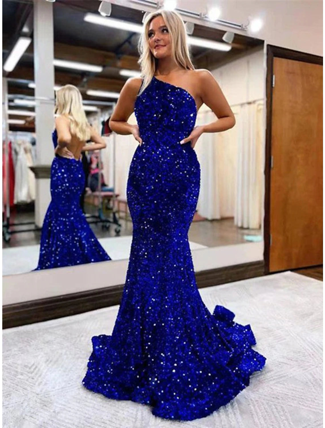 Wholesa Mermaid / Trumpet Prom Dresses Sparkle & Shine Dress Formal Wedding Guest Floor Length Sleeveless One Shoulder Sequined Backless with Sequin