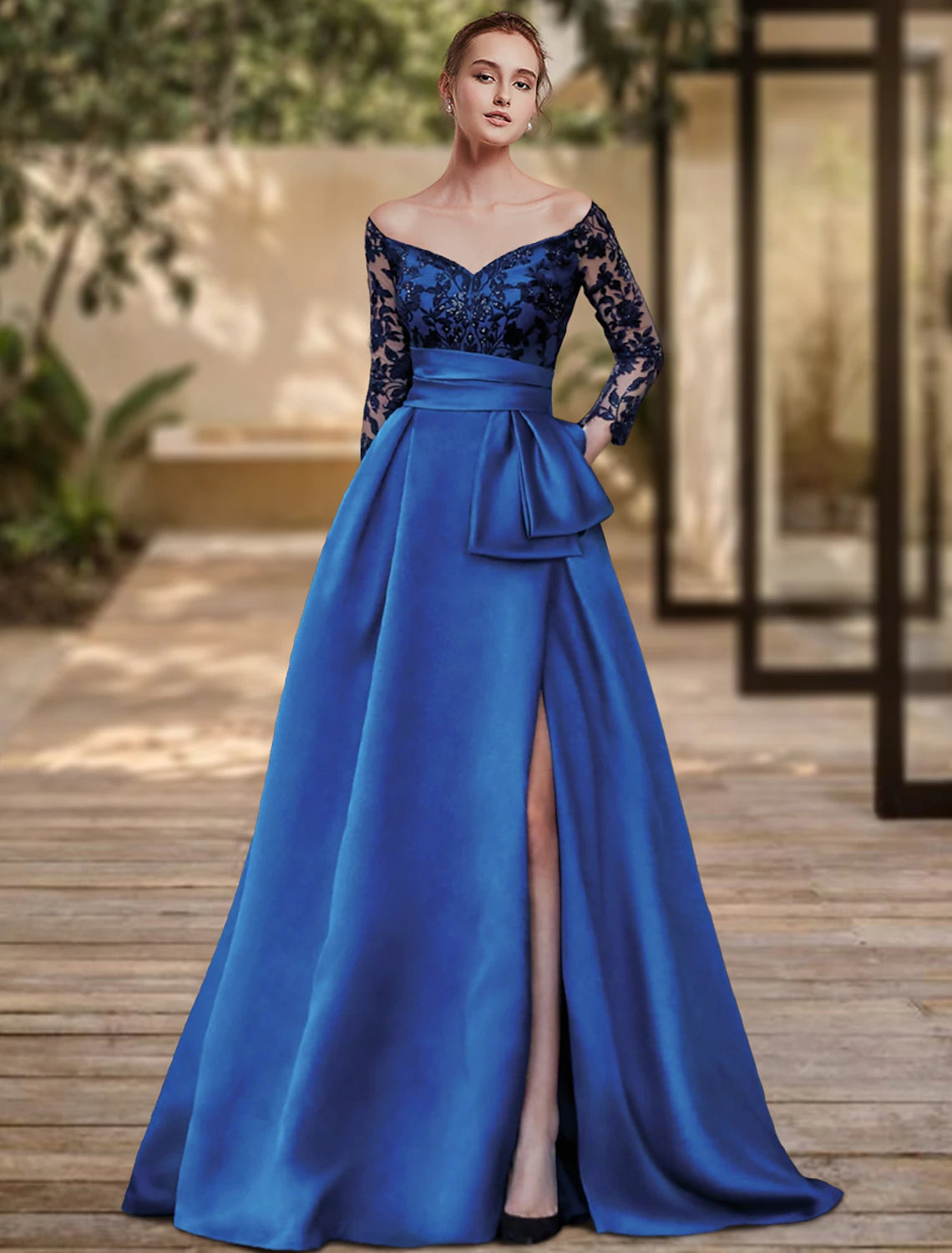 Wholesa  Sheath / Column Evening Gown High Split Dress Formal Wedding Guest Sweep / Brush Train 3/4 Length Sleeve Off Shoulder Charmeuse with Bow(s) Sequin Slit