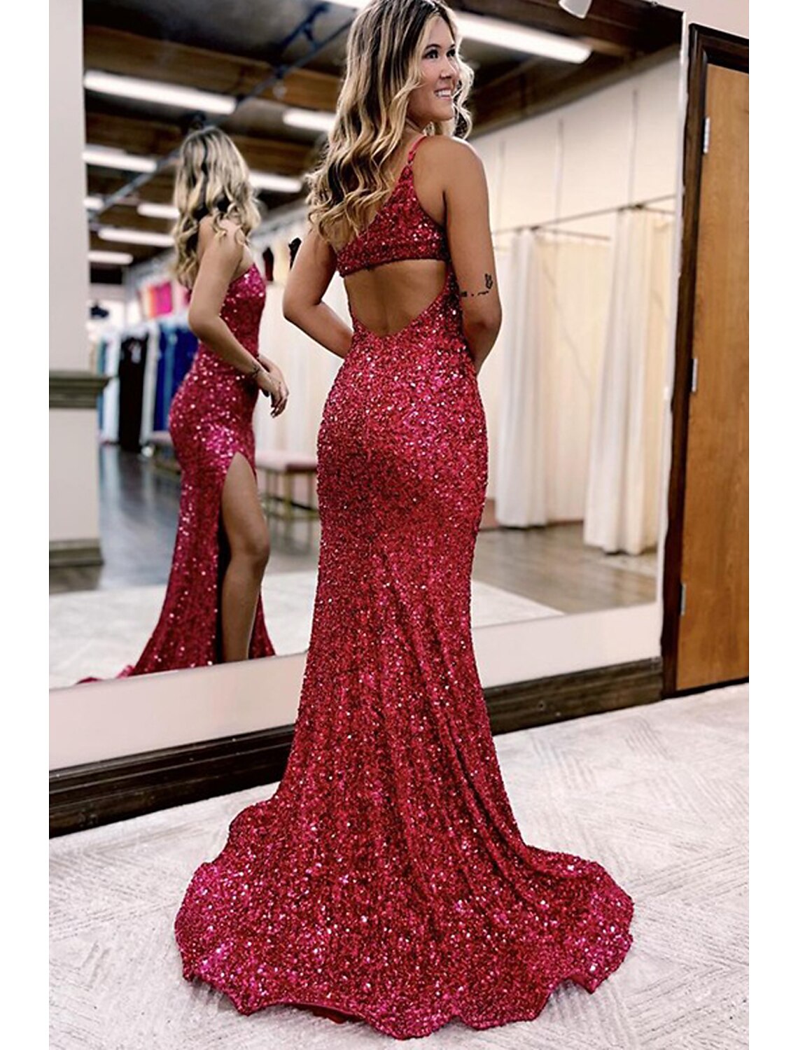 Wholesa Mermaid / Trumpet Prom Dresses Sparkle & Shine Dress Formal Wedding Party Court Train Sleeveless One Shoulder Sequined with Sequin Slit