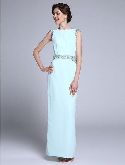 wholesale Sheath / Column Mother of the Bride Dress Elegant Bateau Neck Ankle Length Chiffon Sleeveless No with Crystals