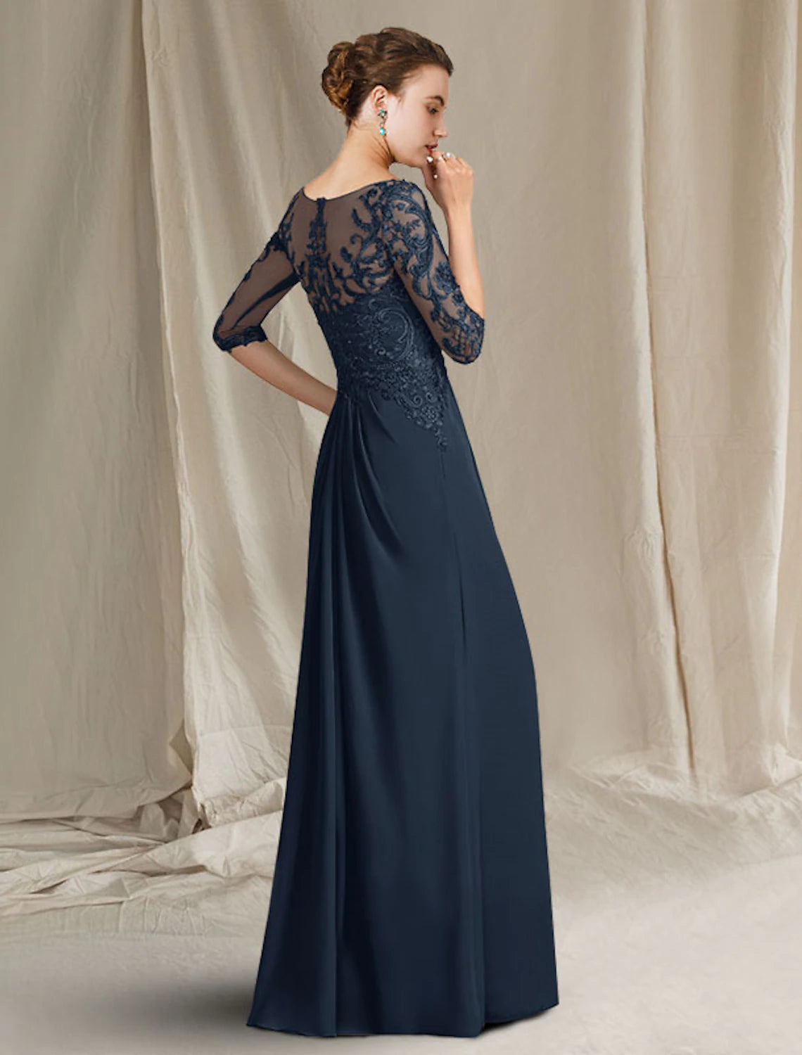 wholesale  Sheath / Column Mother of the Bride Dress Plus Size Elegant Jewel Neck Floor Length Chiffon Lace 3/4 Length Sleeve with Pleats Ruffles Appliques