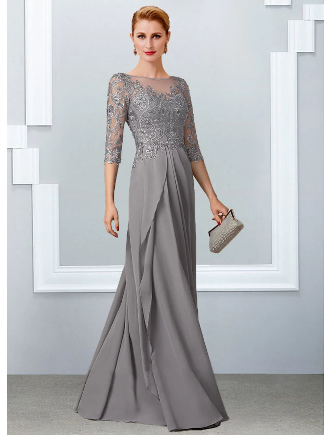 Wholesa A-Line Mother of the Bride Dress Elegant Jewel Neck Floor Length Chiffon Lace Half Sleeve with Appliques