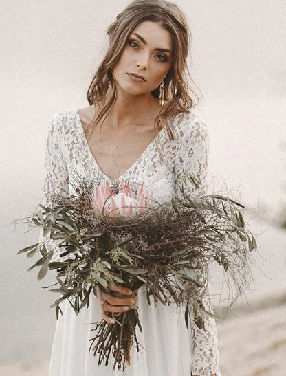 Wholesale Beach Boho Wedding Dresses A-Line V Neck Long Sleeve Sweep / Brush Train Chiffon Bridal Gowns With 2023 Summer Wedding Party,