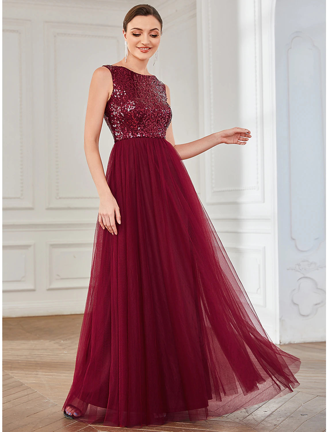 Wholesale A-Line Party Dresses Elegant Dress Wedding Guest Floor Length Sleeveless Jewel Neck Tulle with Sequin