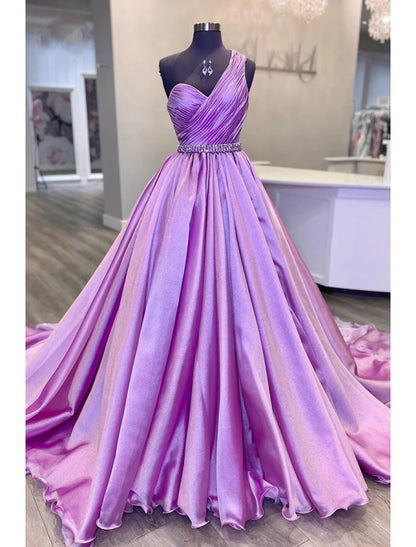 Wholesa Ball Gown Evening Gown Luxurious Dress Wedding Party Court Train Sleeveless One Shoulder Belt / Sash Charmeuse with Ruched Crystals