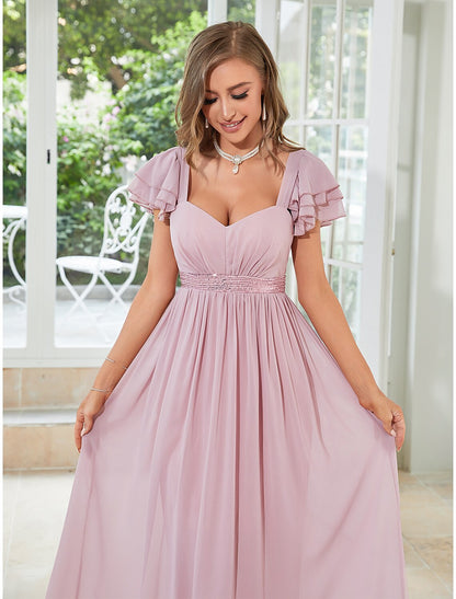 wholesale   A-Line Wedding Guest Dresses Elegant Dress Party Wear Floor Length Short Sleeve Square Neck Chiffon with Ruffles