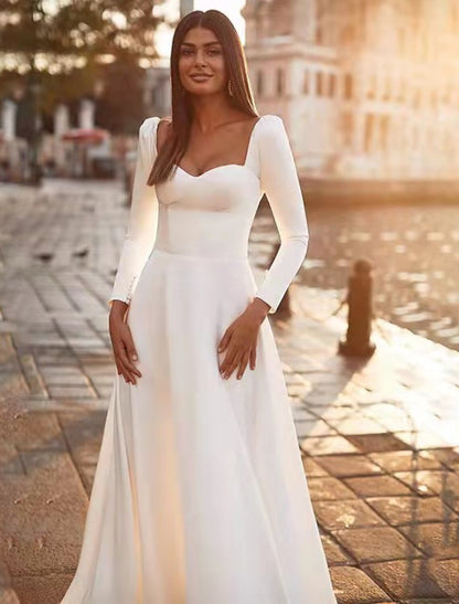 Wholesale Reception Royal Style Casual Wedding Dresses A-Line Sweetheart Long Sleeve Sweep / Brush Train Satin Bridal Gowns With Solid Color Summer Wedding Party