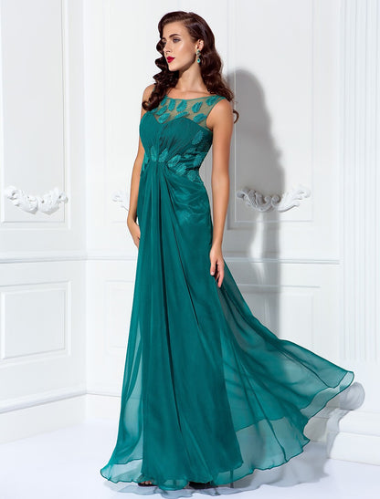 Wholesa Sheath / Column Elegant Dress Prom Formal Evening Floor Length Sleeveless Illusion Neck Chiffon with Draping Appliques