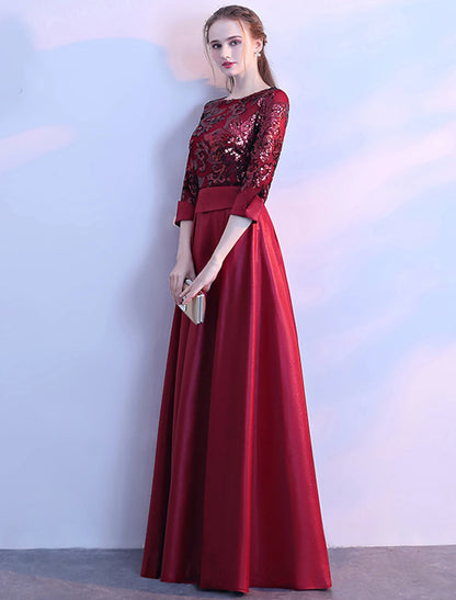 Wholesale A-Line Glittering Elegant Prom Formal Evening Dress Jewel Neck 3/4 Length Sleeve Floor Length Satin with Sequin