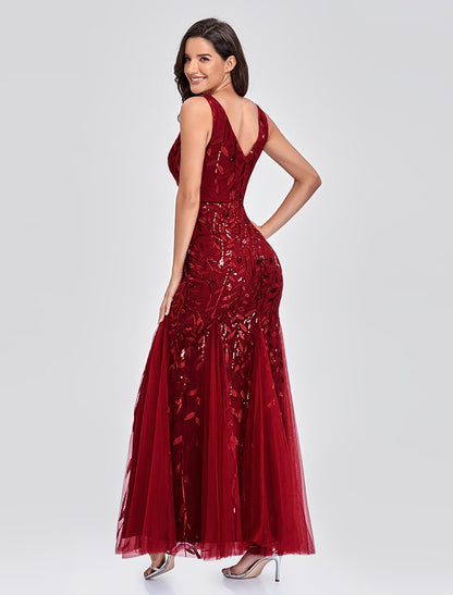 Wholesale Mermaid / Trumpet Empire Elegant Party Wear Formal Evening Valentine's Day Dress V Neck V Back Sleeveless Floor Length Tulle with Embroidery