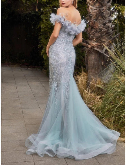 Wholesa Mermaid / Trumpet Prom Dresses Sparkle Dress Graduation Prom Sweep / Brush Train Sleeveless Off Shoulder Organza with Rhinestone Feather Glitter