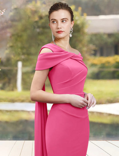 Wholesa Sheath / Column Mother of the Bride Dress Wedding Guest Elegant Jewel Neck Knee Length Stretch Chiffon 3/4 Length Sleeve with Side-Draped Fall