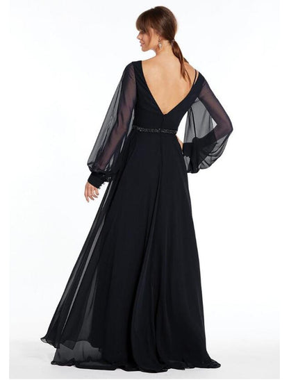 Wholesa A-Line Evening Gown Empire Dress Holiday Formal Evening Floor Length Long Sleeve V Neck Chiffon V Back with Beading