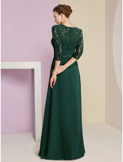 Wholesa  A-Line Mother of the Bride Dress Wedding Guest Elegant Scoop Neck Floor Length Stretch Chiffon 3/4 Length Sleeve with Lace Sequin Ruching