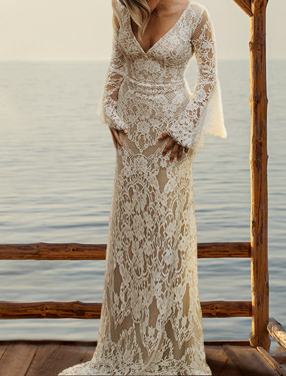 Wholesa Beach Vintage Open Back Boho Wedding Dresses Mermaid / Trumpet V Neck Long Sleeve Court Train Lace Bridal Gowns With Appliques