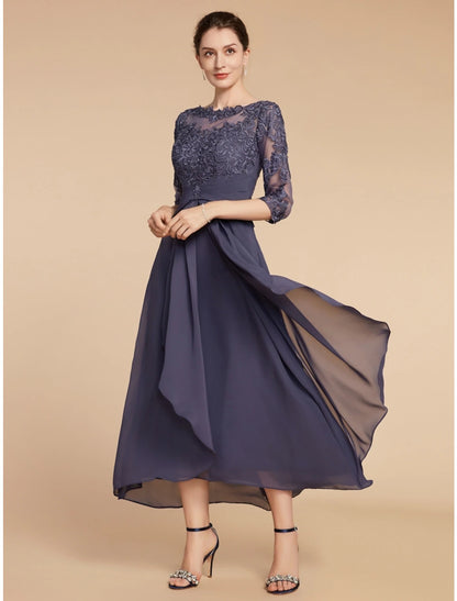 Wholesa A-Line Mother of the Bride Dress Wedding Guest Elegant Scoop Neck Ankle Length Chiffon Lace 3/4 Length Sleeve with Ruching Solid Color