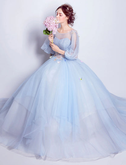 Wholesale Ball Gown Elegant Floral Puffy Quinceanera Engagement Dress Illusion Neck 3/4 Length Sleeve Floor Length Tulle with Pleats Appliques