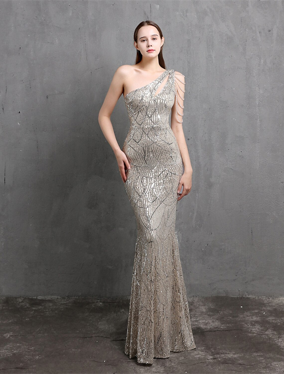 wholesale  Mermaid / Trumpet Evening Gown Sparkle & Shine Dress Formal Floor Length Short Sleeve One Shoulder Sequined with Sequin