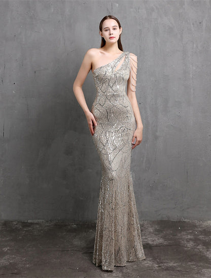 wholesale  Mermaid / Trumpet Evening Gown Sparkle & Shine Dress Formal Floor Length Short Sleeve One Shoulder Sequined with Sequin