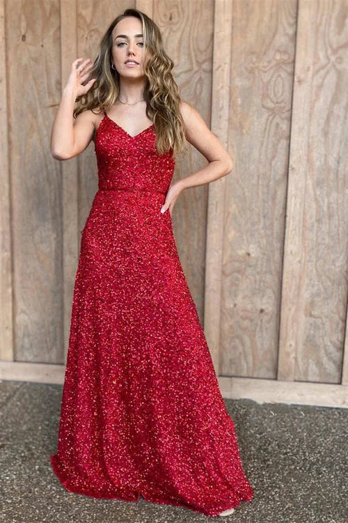 Wholesale Elegant Spaghetti Straps Red Sequins Long Prom Dress