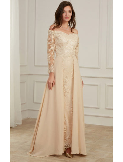 Wholesa A-Line Evening Gown Elegant Dress Wedding Guest Formal Evening Floor Length Long Sleeve Off Shoulder Polyester with Overskirt Appliques