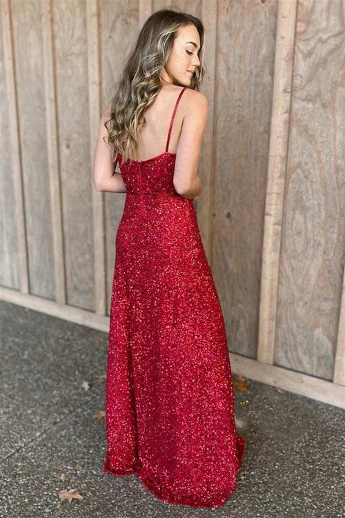 Wholesale Elegant Spaghetti Straps Red Sequins Long Prom Dress