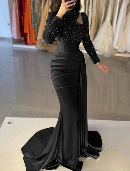 Wholesa Mermaid / Trumpet Evening Gown Elegant Dress Formal Sweep / Brush Train Long Sleeve High Neck Satin with Pearls Sequin