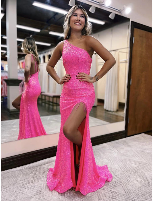 Wholesale Mermaid / Trumpet Prom Dresses Sparkle & Shine Dress Formal Sweep / Brush Train Sleeveless One Shoulder Sequined Backless with Sequin Slit