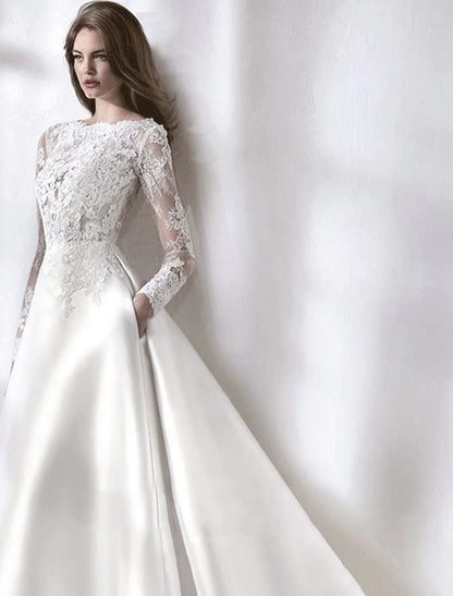 Wholesale Reception Formal Fall Wedding Dresses A-Line Illusion Neck Long Sleeve Chapel Train Satin Bridal Gowns With Lace Pleats Summer Wedding Party