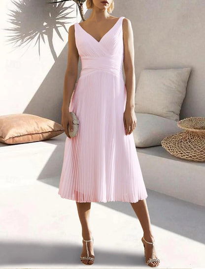 Wholesale Elegant A-Line Graduation Dress Cocktail Dresses Formal Wedding Guest Tea Length Sleeveless V Neck Chiffon with Ruched