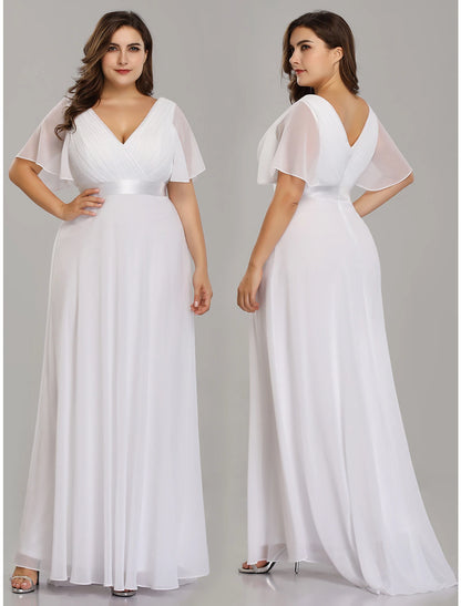 Wholesale A-Line Empire Fall Wedding Guest Dress For Bridesmaid Plus Size Formal Evening Dress V Neck Short Sleeve Floor Length Chiffon with Pleats Ruched