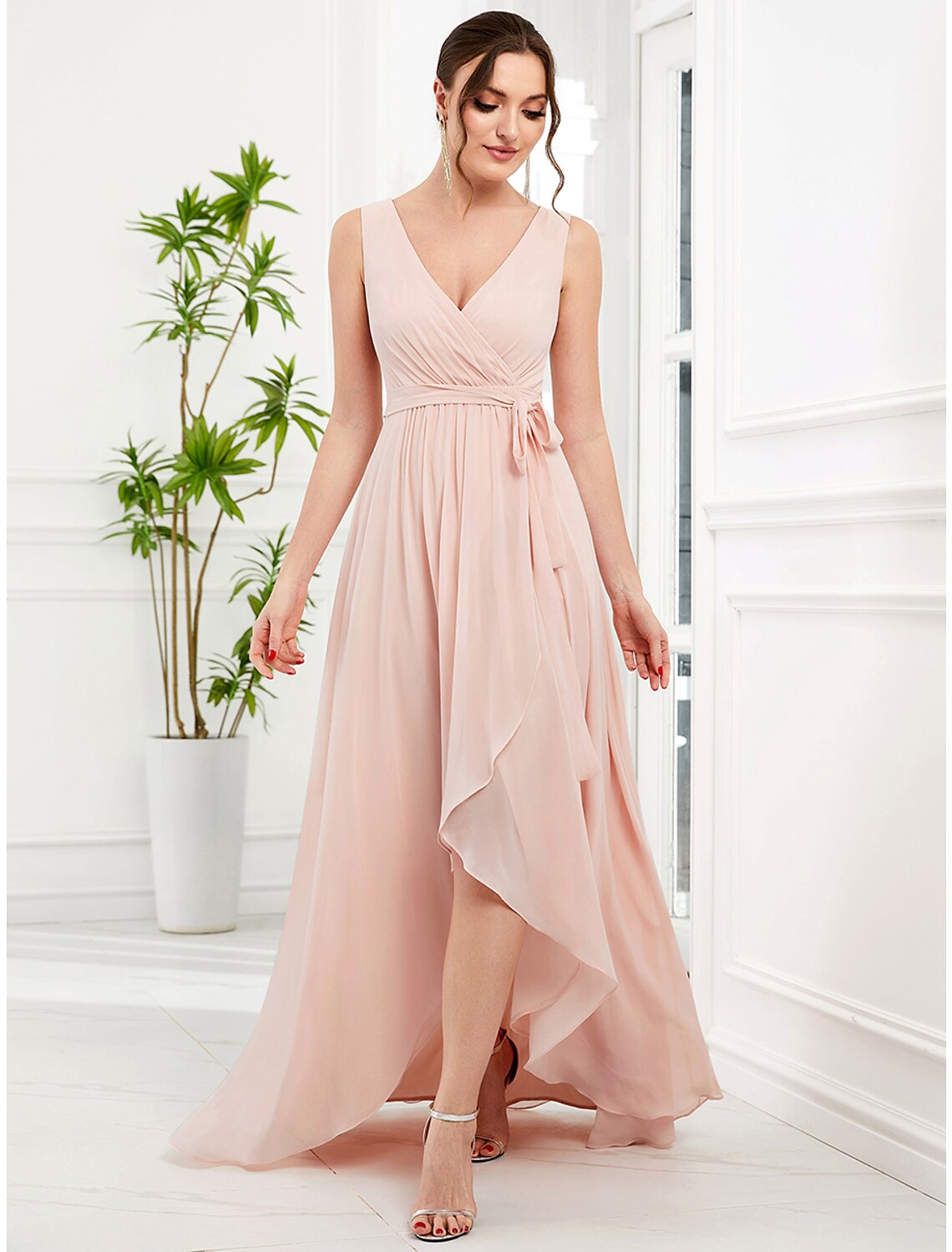 Wholesale A-Line Wedding Guest Dresses Elegant Dress Party Wear Asymmetrical Sleeveless Spaghetti Strap Chiffon with Ruffles Slit