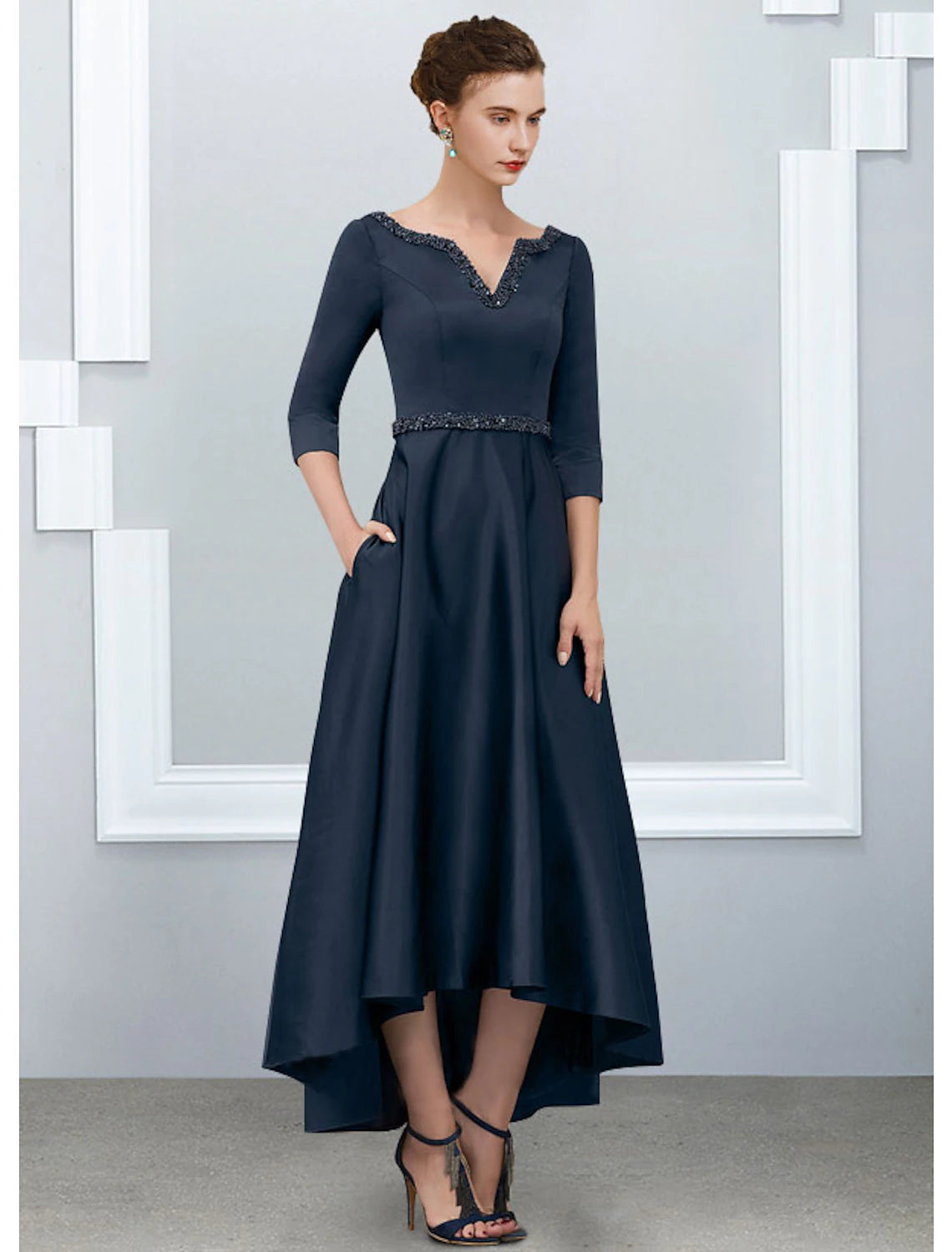 Wholesa  A-Line Mother of the Bride Dress Elegant High Low V Neck Asymmetrical Ankle Length Satin Half Sleeve with Pleats