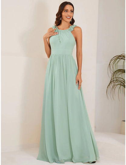 Wholesale A-Line Wedding Guest Dresses Elegant Dress Formal Floor Length Sleeveless Jewel Neck Chiffon with Pleats Shouder Flower