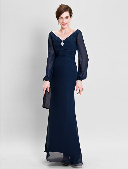 wholesale Sheath / Column Mother of the Bride Dress Open Back V Neck Floor Length Chiffon Long Sleeve No with Ruched Draping Crystal Brooch