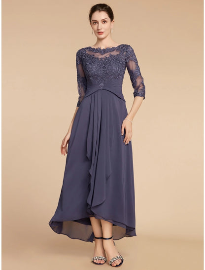 Wholesa A-Line Mother of the Bride Dress Wedding Guest Elegant Scoop Neck Ankle Length Chiffon Lace 3/4 Length Sleeve with Ruching Solid Color