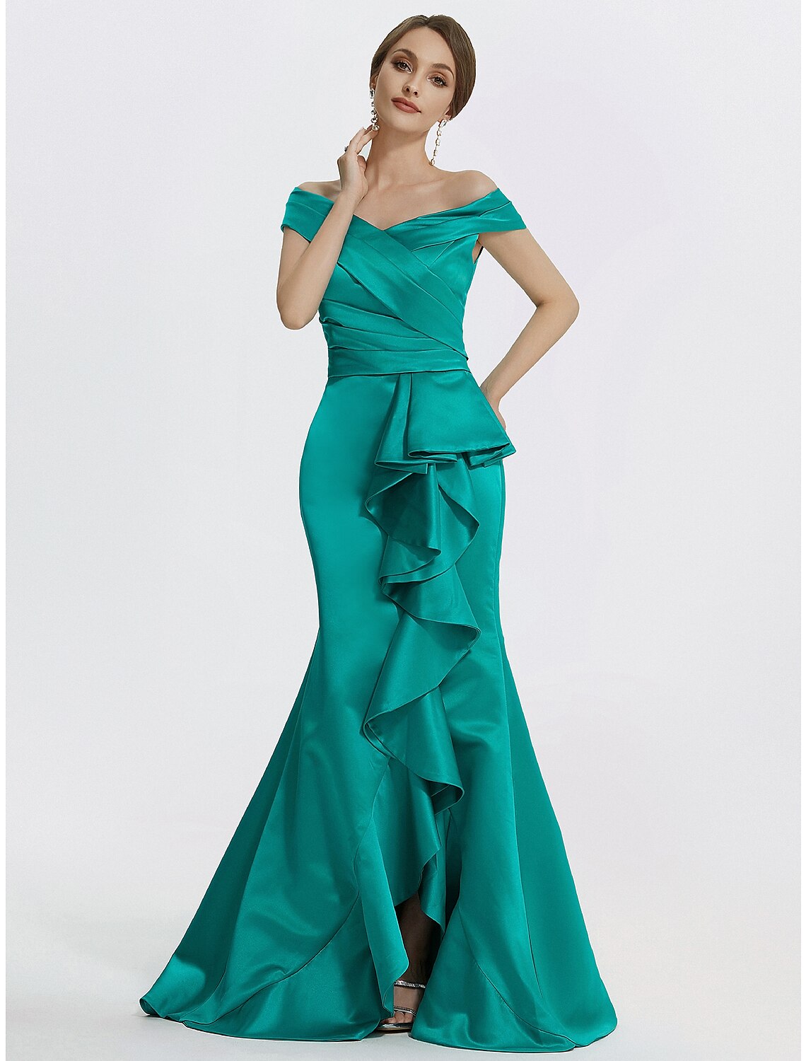 Wholesa  Sheath / Column Evening Gown Elegant Dress Formal Floor Length Sleeveless Off Shoulder Satin with Ruffles